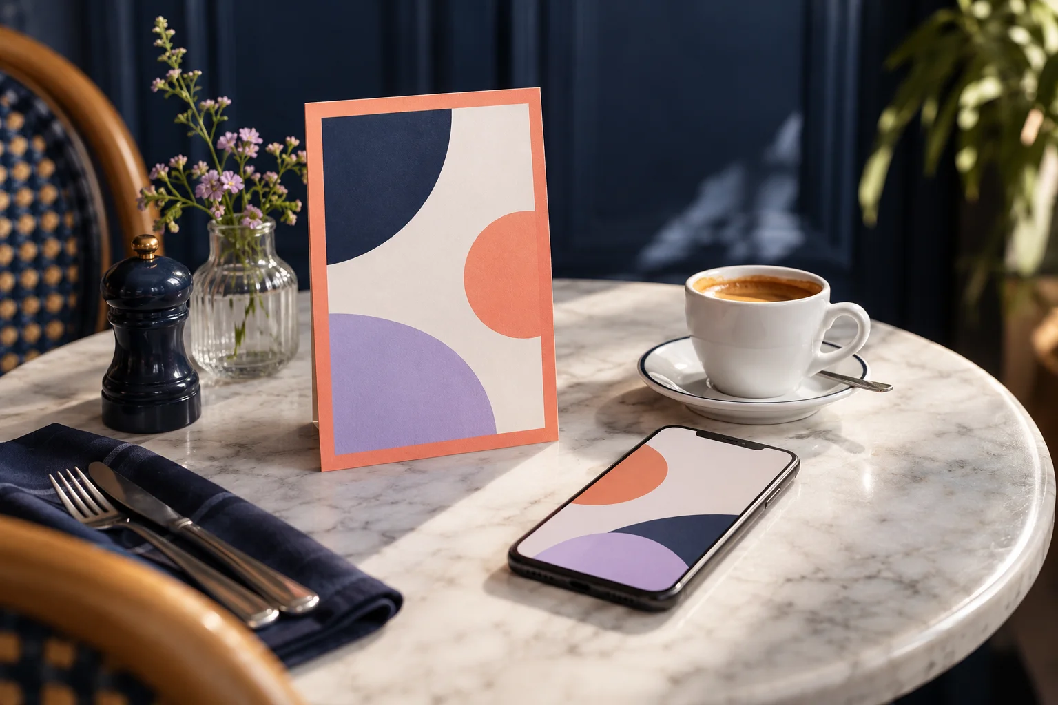 Illustrative café setting with a menu card, phone and espresso